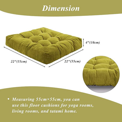 Meditation Floor Pillow 22×22 Inch 2 Pack Large Floor Cushions for Adults Square Tufted Corduroy Floor Pillows for Yoga Living Tatami Room Green