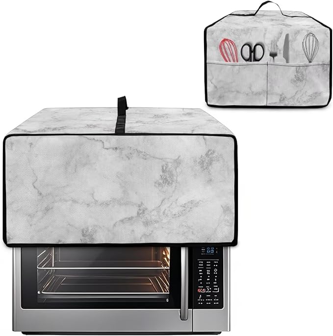 White Marble Texture Print Microwave Oven Dust Cover Polyester-Linen Fabric Dust Cover for Microwave Oven Universal Dust-Proof Kitchen Appliance Protector Fits Most Microwaves, S