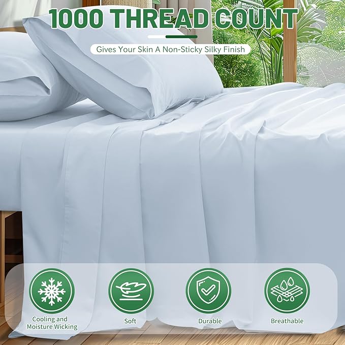 1000 Thread Count Egyptian Cotton Sheets Queen Size Set 4PCS Sateen Weave Soft Breathable 16-Inch Deep Pocket（Queen,Light Blue）
