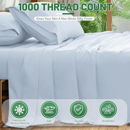 1000 Thread Count Egyptian Cotton Sheets Queen Size Set 4PCS Sateen Weave Soft Breathable 16-Inch Deep Pocket（Queen,Light Blue）