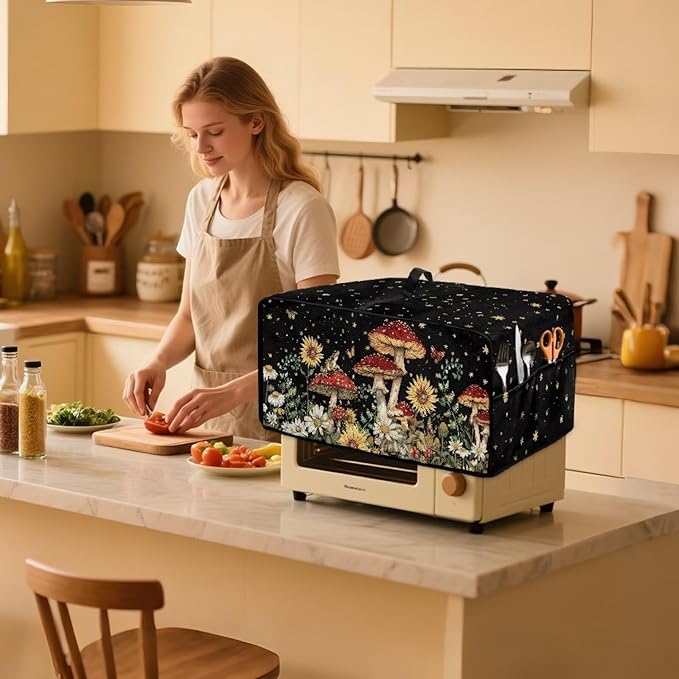 Microwave Oven Dust Cover Waterproof Toaster Oven Cover Foldable Polyester-Linen Small Appliance Dust Covers Suitable with Storage Bags, Mushroom Sunflower Daisy Star Butterfly Print, M