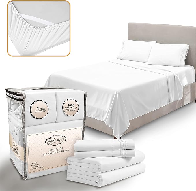 King Size Sheets Set Cooling - Luxury Hotel Sheets - Soft Bed Sheet with Elastic Corner Straps - Deep Pockets Microfiber Bedsheet - Bedding Sheet & Pillowcases - 4 Piece (King, White)