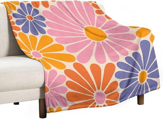 1970s Hippie Floral Throw Blanket, Retro Orange Pink Blue Flower Boho Groovy Daisy Flowers Comfortable Blanket for Couch Sofa Couch Chair 30"x40"