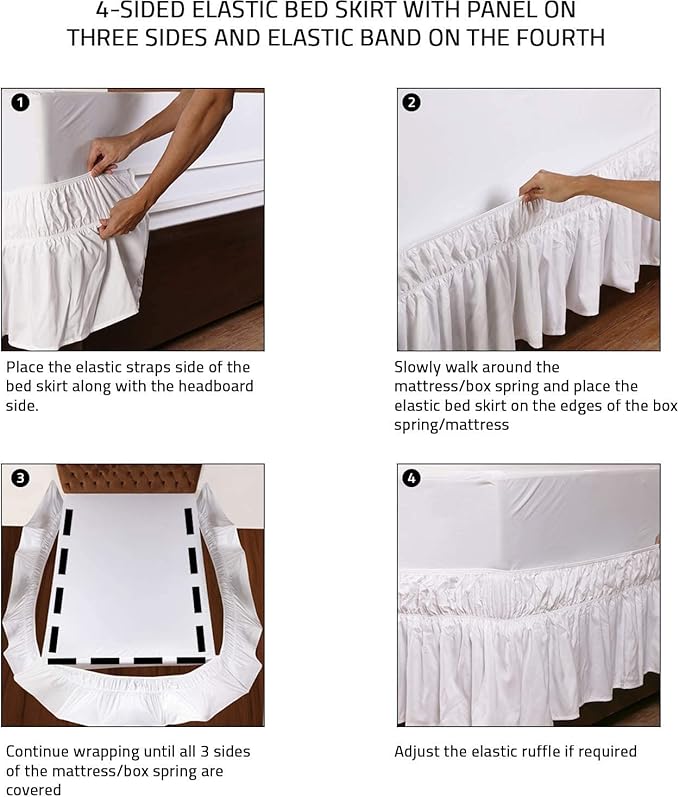MEILA Wrap Around Bed Skirt Three Fabric Sides Elastic Dust Ruffled 18 Inch Tailored Drop,Easy to Install Fade Resistant-White, Queen/King