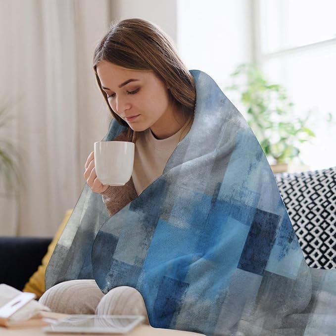 Fashion Gradient Blanket, Modern Art Abstract Blue Grey Check Painting Strokes Pattern Soft Warm Cozy Plush Flannel Covers for Livingroom Bedroom Couch Chair Camping Travel Home Decor Tapestry 50x60in