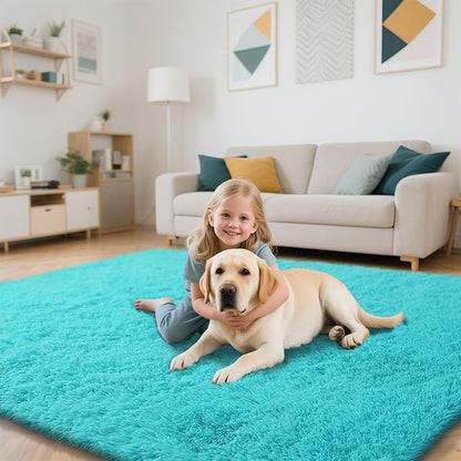 Teal Blue Rug Fluffy Rug, 8x10 Teal Area Rugs for Living Room, Soft Cute Baby Play Mat, Teal Rugs for Bedroom, Nursery, Preppy Dorm, Plush Aesthetic