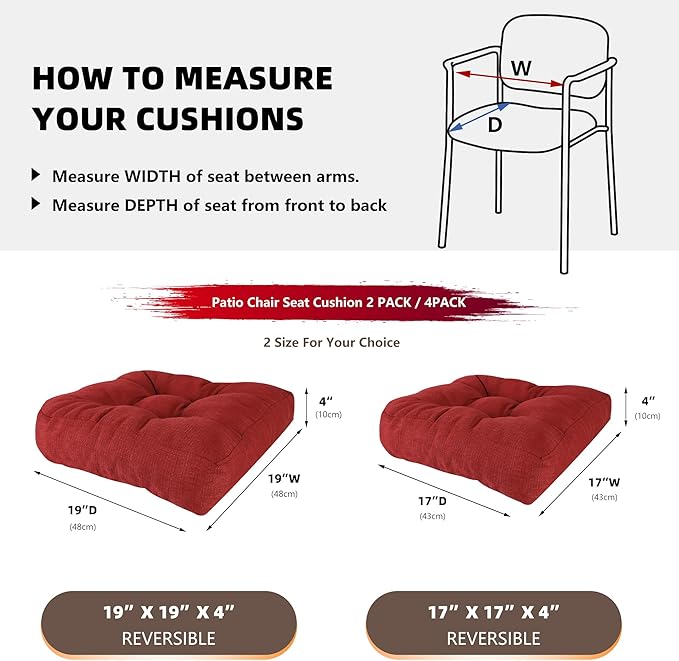 RACE LEAF 19" x 19" Patio Chair Cushions Red - Outdoor/Indoor Tufted Memory Foam Chair Pads Set of 2, Water-Resistant Olefin Chair Seat Cushion Non-Slip Backing