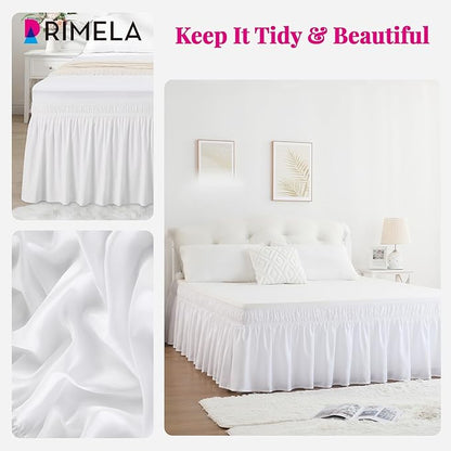 RIMELA White Bed Skirt King Size 18 Inch Drop, Elastic Bed Skirting for Bed Base and Frame, Bedding Dust Ruffle Easy to Install, Lightweight Wrap Around Adjustable Bedskirt