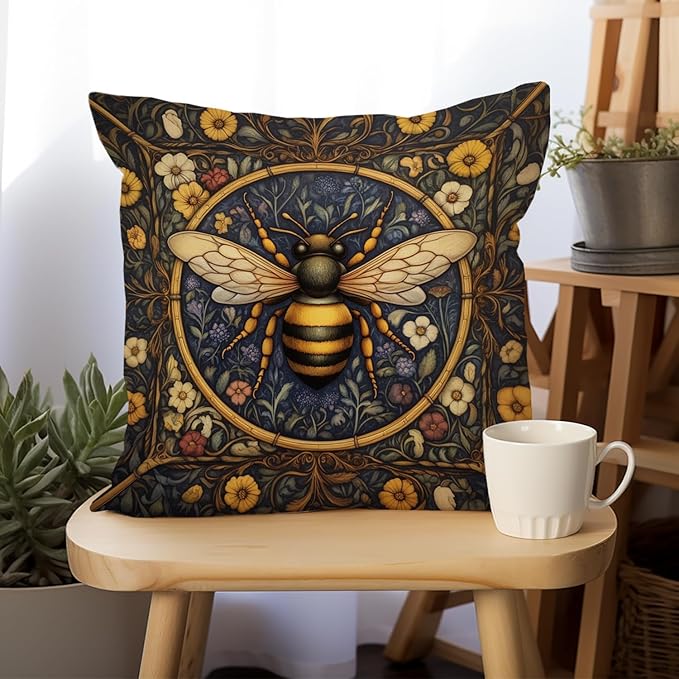 YOU FOUND ME William Morris Abstract Vintage Floral Velvet Butterfly Design Throw Pillow Covers Home Decor, Retro Art Deco Pillowcase Cushion Cover for Bed Sofa Living Room, Square 18x18inch (Bee)