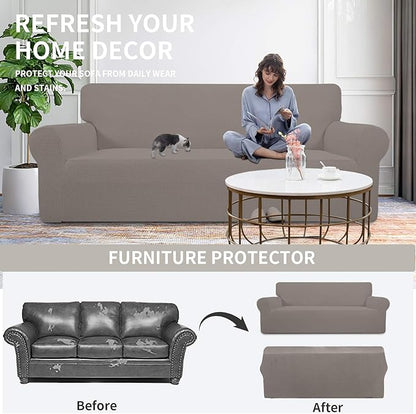 Easy-Going Stretch Oversized Loveseat Slipcover 1-Piece Sofa Cover Furniture Protector Couch Soft with Elastic Bottom for Kids Polyester Spandex Jacquard Fabric Small Checks Taupe