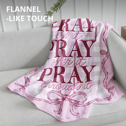 Pink Christian Blanket, Coquette Pink Bow Bible Verse Throw Blankets for Girly Room Bedroom Dorm Couch Bed Decor, Preppy Religious Scripture Blanket, Christian Gifts for Women, 50x60 Inch