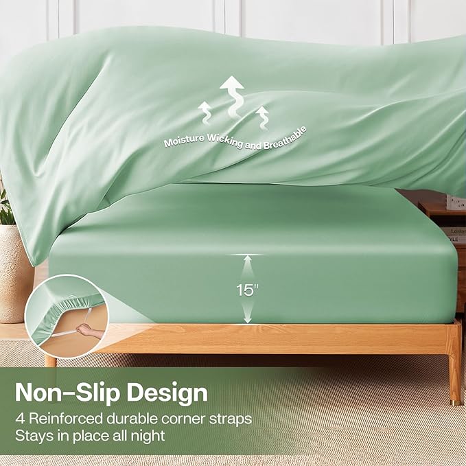 MR&HM California King Fitted Sheet, Ultra-Soft Rayon Derived from Bamboo & Polyester Blend, Silky & Breathable, 15" Deep Pocket with Elastic Straps, Cooling Fitted Sheet for Hot Sleepers, Sage Green