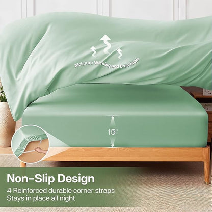 MR&HM Twin XL Fitted Sheet Only, Ultra-Soft Rayon Derived from Bamboo & Polyester Blend, Silky & Breathable, 15" Deep Pocket with Elastic Straps, Cooling Fitted Sheet for Hot Sleepers, Sage Green