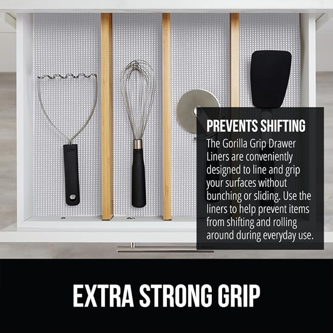 GORILLA GRIP powerGRIP Drawer Shelf and Cabinet Liner, Thick Strong Hold, Non-Adhesive Liners Protect Kitchen Cabinets and Cupboard, Bathroom Drawers, Easy Install, Breathable Mat, 20" x20' Light Gray