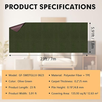 Marine Carpet,6 FT x 23 FT Olive Green Indoor Outdoor Carpet 0.2" Thick with Water-Proof TPE Backing, Non-Slide for Home, Patio, Porch, Deck