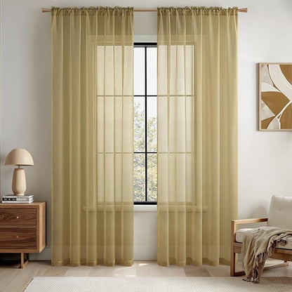 MIULEE 2 Panels Solid Color Sheer Window Curtains Elegant Window Voile Panels/Drapes/Treatment for Bedroom Living Room (54X63 Inches Dark Gold)
