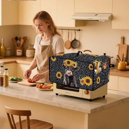 Air Fryer Toaster Oven Dust Cover with Storage Pockets, Stain-resistant Countertop Convection Oven Cover Kitchen Appliance Decor, L, Highland Cow Sunflower Dark Gray