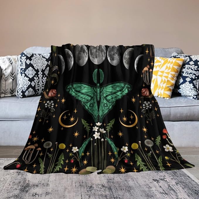 Moon Phase Moth Blanket, Vintage Botanical Mushroom Wildflower Gothic Night Moonlit Mysterious Witchy Throws Blanket for Sofa Bed Couch Chair, 60"x80"