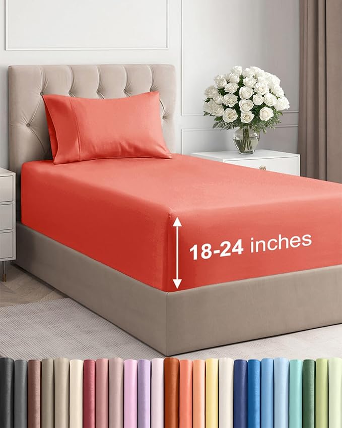 Extra Deep Pocket Twin XL Sheets - 3 Piece Breathable & Cooling Bed Sheets - Hotel Luxury Bed Sheet Set - Soft, Wrinkle Free & Comfy - Easily Fits Extra Deep Mattresses - Deep Pocket Coral Sheets Set