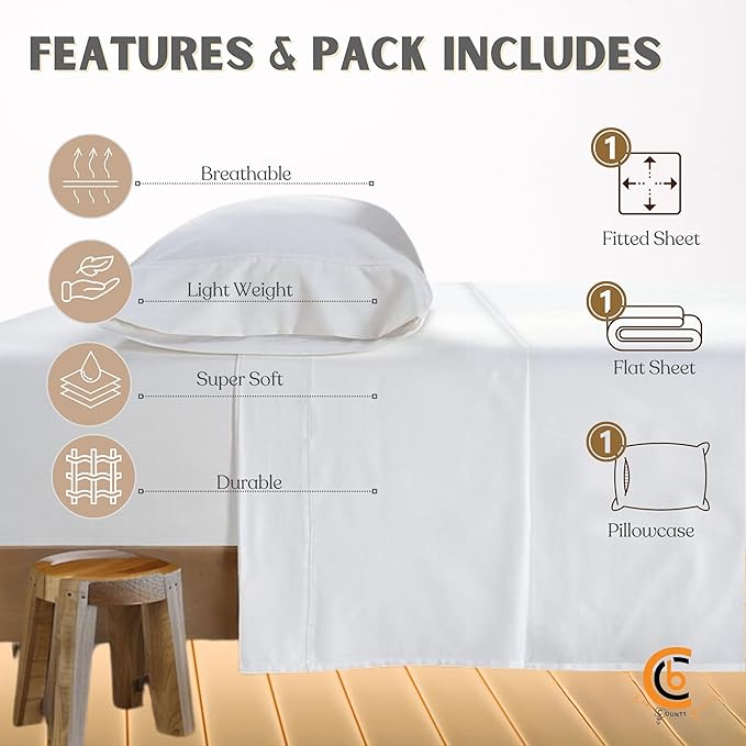 Camping Cot Sheets 25" x 75" - 3 Piece Cot Sheet Set for Bunk Bed - fits Upto 9" Deep Mattress, Perfect for Narrow Twin, Camping Cot, RV Bunk, Guest Beds, Trifold Mattress - White