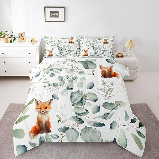 Erosebridal Girls Cartoon Animal Toddler Comforter Set for Kids Toddler Kawaii Fox Bedding Set, Woodland Wildlife Bedding Comforter Sets Jungle Wild Fox Duvet Set, Green Eucalyptus Quilted Comforter
