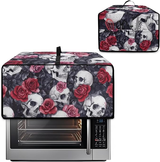 Skull Red Rose Print Microwave Oven Dust Cover Toaster Oven Cover with Top Handle Dust-Proof Kitchen Appliance Protector Dirt and Fingerprint Protection, M