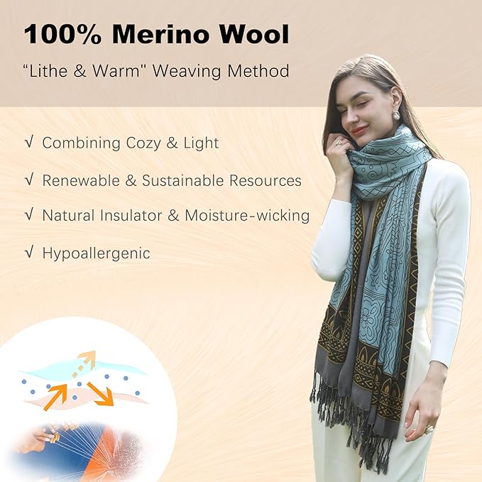 DANA XU 100% Merino Wool Extra Large Pashmina Blanket Travel Scarf Cashmere Wrap for Women Fall Winter Oversize Shawl Floral