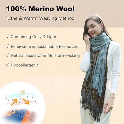 DANA XU 100% Merino Wool Extra Large Pashmina Blanket Travel Scarf Cashmere Wrap for Women Fall Winter Oversize Shawl Floral