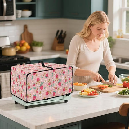 Pink Strawberry Cherry Blossom Print Microwave Oven Dust Cover Toaster Oven Cover Foldable Polyester-Linen Fabric Small Appliance Dust Covers Suitable for Most Microwave Ovens, L