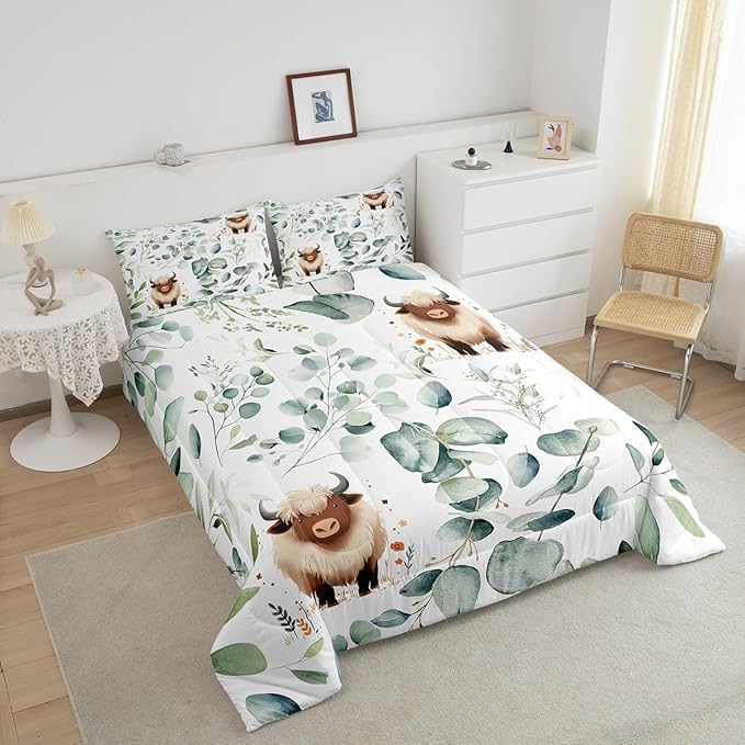 Erosebridal Boys Cartoon Animal King Size Comforter Set for Kids Toddler Kawaii Cow Bedding Set, Highland Cattle Bull Down Comforter Western Cowboy Bed Set, Botanical Green Eucalyptus Quilted Duvet