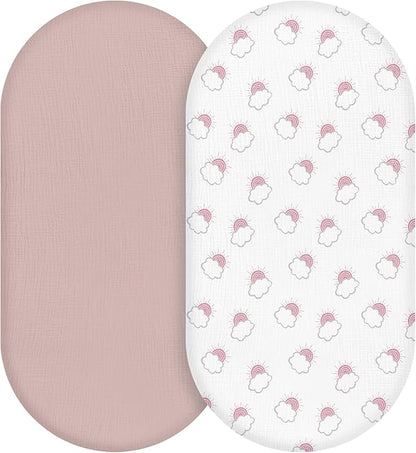 Muslin Bassinet Fitted Sheets, 2 Pack for Baby Boy and Girl, Soft Breathable Baby Pad/Mattress Sheet, Fit for Hourglass Oval and Rectangle Bassinet Mattress (Pink Cloud)