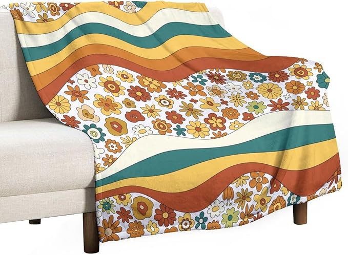 70s Retro Floral Throw Blanket, Boho Groovy Wavy Geometric Hippie Cute Flowers Yellow Orange Abstract Print Blanket for Holiday Theme Home Decor Bedding Couch and Gift 50"x60"