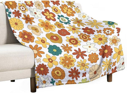 Vintage Hippie Floral Blanket, 70s Boho Abstract Yellow Orange Flowers Funny Print Throw Blanket for Holiday Theme Home Decor Bedding Couch 40"x50"
