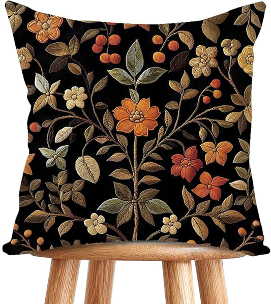 William Morris Abstract Vintage Print Floral Velvet Design Throw Pillow Covers Home Decor, Retro Art Deco Pillowcase Cushion Cover for Bed Sofa Living Room, Square 18x18inch (Black-Floral)