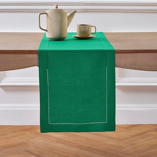 Solino Home Linen Emerald Green Hemstitch Table Runner 60 Inches - 100% Pure Linen Small Table Runner 14 x 60 Inch Ideal for Dresser and Coffee Tables - Classic Hemstitch - Christmas, New Year