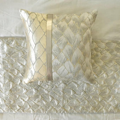 The HomeCentric King/Queen/Twin Ivory & Gold Decorative CA King 86"x18" Bed Runner with 2 Pillow Cover, Patchwork, Quilted, Jacquard Foil Bed Scarf on Jacquard Fabric - Spinzar