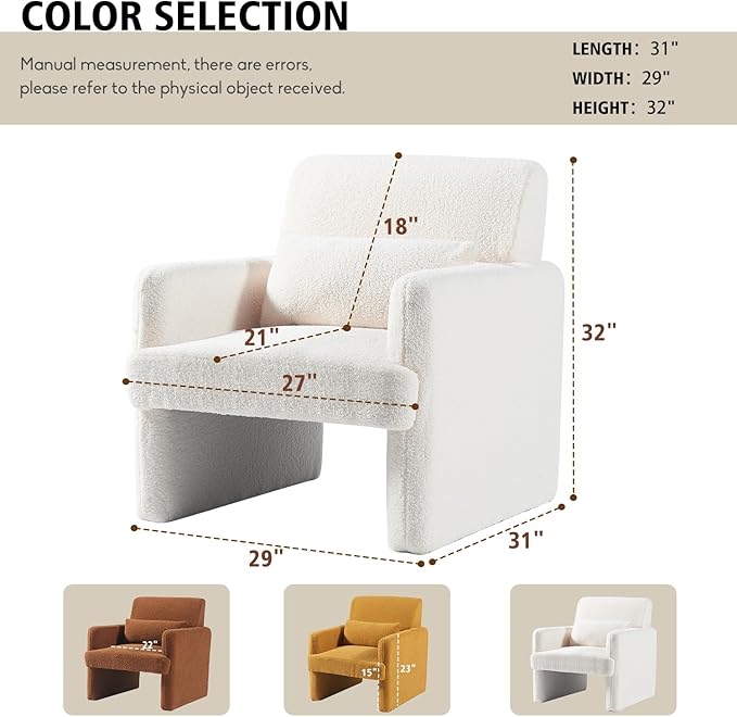 Gaussen Sherpa Oversized Accent Chair for Bedroom, Modern Living Room With Pillow, Fluffy Sofa, Upholstered Arm Chair, Comfy for Office/Home (Winter)