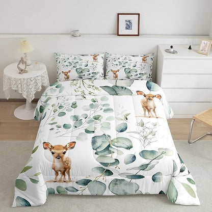Erosebridal Cartoon Deer Queen Comforter Set Toddler Woodland Wildlife Bedding Set Queen, Plant Bedding Comforter Sets Eucalyptus Leaf Duvet Set, Jungle Animal Theme Quilted Comforter Kids Room Decor