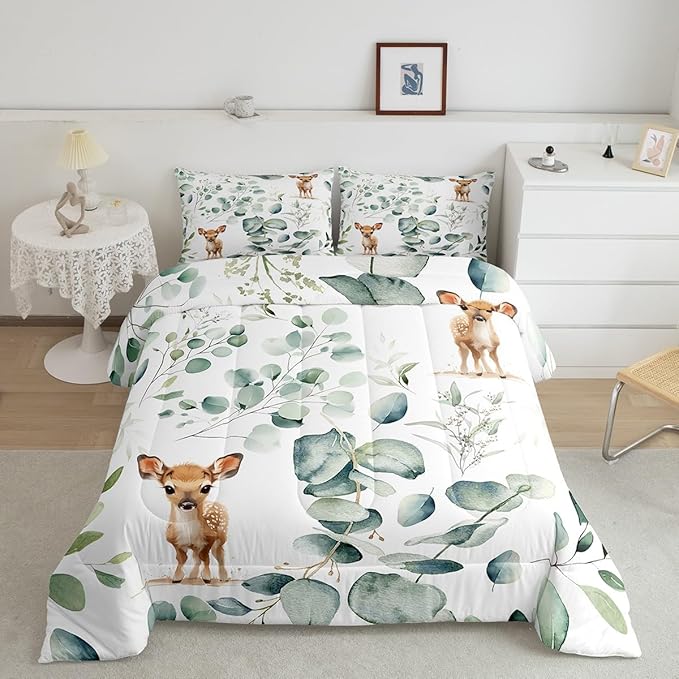 Erosebridal Cartoon Deer Bedding Full Toddler Woodland Wildlife Comforter Set Full, Plant Duvet Insert Eucalyptus Leaf Quilt Comforter, Jungle Animal Theme Bedding Comforters & Sets Kids Room Decor