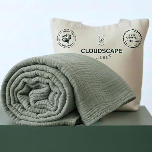 Cloud Scape Linen Oversized 4 Layer Muslin Blanket Queen Size - 100% Cotton, Lightweight & Breathable All Season Gauze, Pre-Washed, fits Full Bed, 92x92, Sage Green
