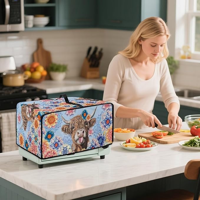 Microwave Oven Cover Heavy Duty Microwave Oven Dust Cover with Storage Pockets Dust-Proof Reusable Decor Accessories for Kitchen, Highland Cattle Boho Mandala Floral Print, M