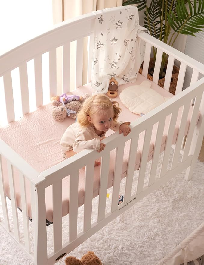 Momcozy Muslin Standard Fitted Crib Sheets, 52"x28", 2 Pack Soft Breathable Natural Cotton Baby Mattress Sheet, 360° Mattress Wrapping No Slip Boys Girls Neutral Toddler Bed Sheet, Beige Blush