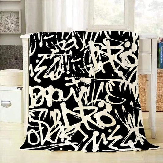 Mugod Black White Pattern Throw Blanket Graffiti Seamless Pattern with Abstract Tags Letters Decorative Soft Warm Cozy Flannel Plush Throws Blankets for Baby Toddler Dog Cat 30 X 40 Inch