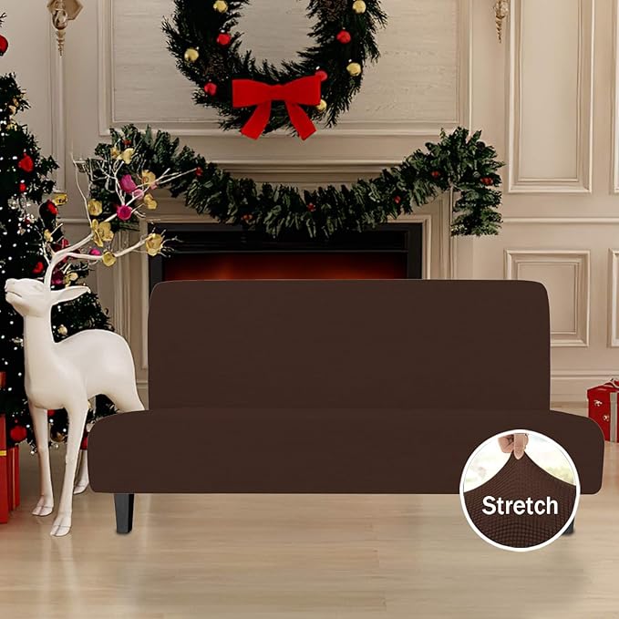 Easy-Going Stretch Futon Slipcover Armless Sofa Cover Furniture Protector Without Armrests Slipcover Soft with Elastic Bottom for Kids, Spandex Jacquard Fabric Small Checks(futon,Coffee)