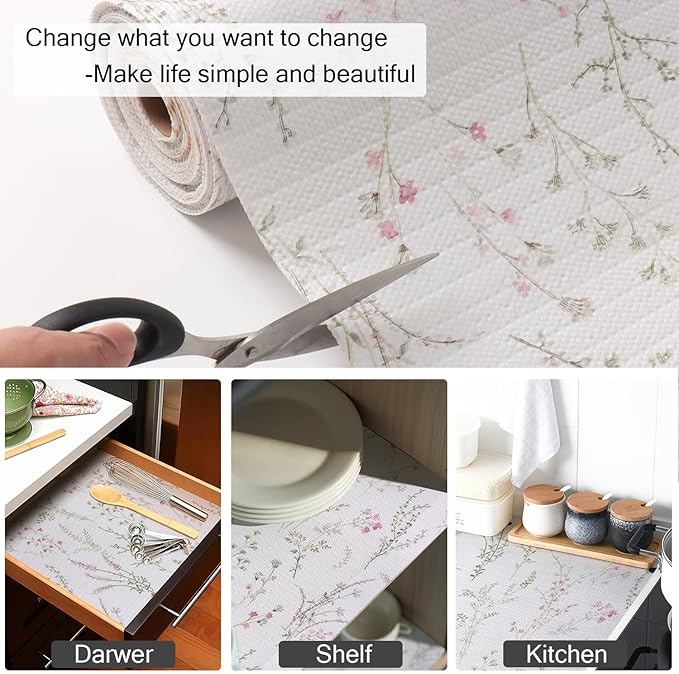 Floral Drawer and Shelf Liner for Cabinets, Non-Adhesive and Strong Non-Slip Flower Shelf Cabinet Drawer Liners for Kitchen,Table,Bookshelves,Waterproof Cupboard Liners,12IN x 10FT