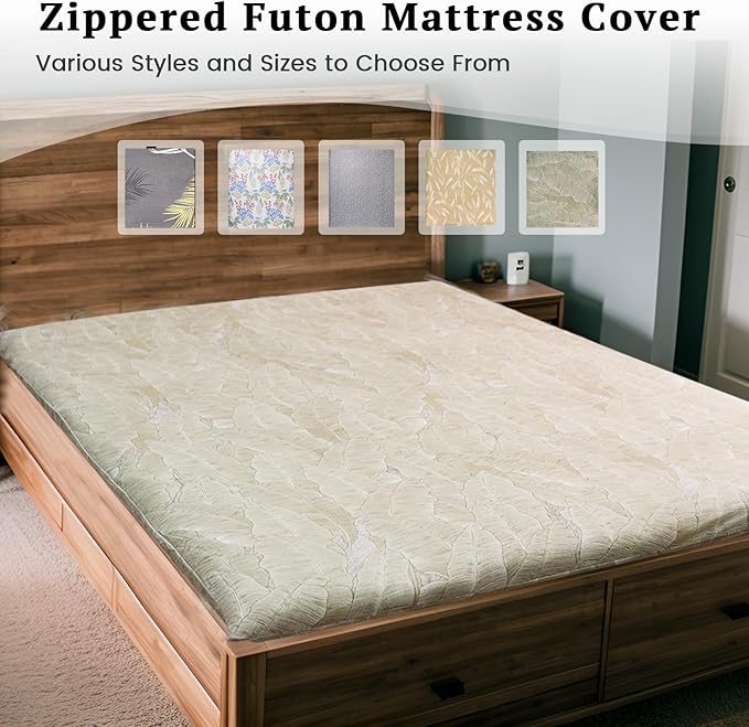 ZonLi Futon Mattress Cover Twin Size for Traditional Japanese Floor Futon Mattress with Zipper,Tatami Floor Sleeping Mat Cover,Super Soft and Machine Washable (43''x84'', Hand-Drawn Leaf Patterns)