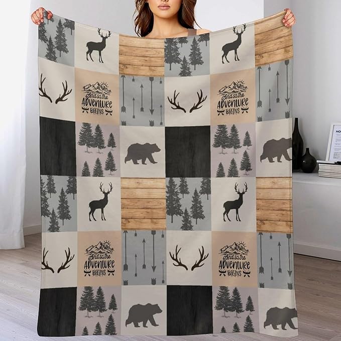 Rustic Cabin Throw Blanket, Retro Camping Bear Deer Farmhouse Wildlife Tree Forest Brown Gray Print Warm Flannel Blanket for Bedroom Camping Travel, 30"x40"