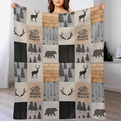 Rustic Cabin Throw Blanket, Retro Camping Bear Deer Farmhouse Wildlife Tree Forest Brown Gray Print Warm Flannel Blanket for Bedroom Camping Travel, 30"x40"
