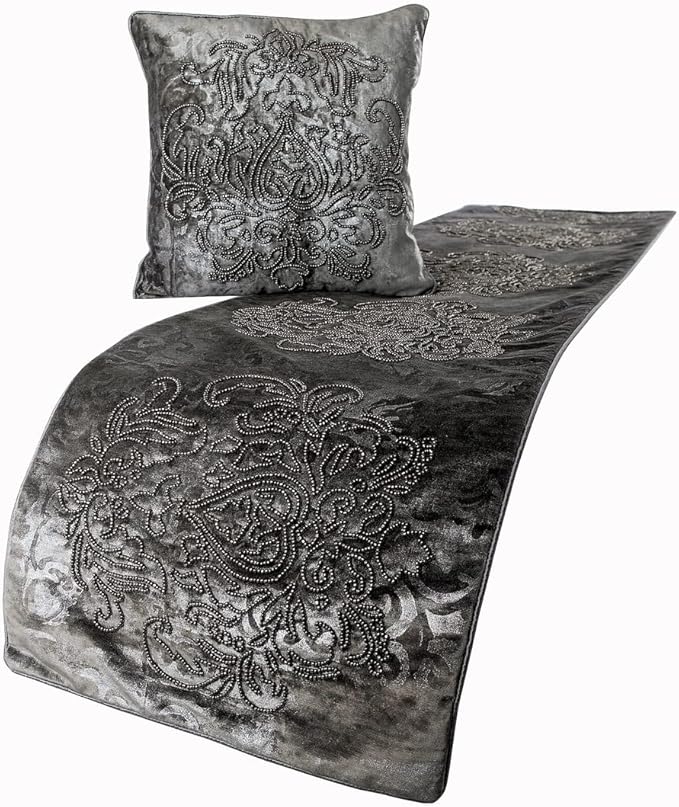 HomeCentric Designer Bed Runner with Throw Pillow Cover, 86 x 18 Inch Damask Foil Velvet Embroidery Bed Scarf