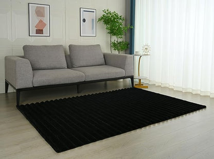 GLORY RUGS Area Rugs Striped Soft Faux Rabbit Fur Rug 8x10 Becky Black Plush Carpet Shag Cozy Fluffy Rug Non Slip Rugs, Machine Washable Shaggy Area Rug Bedroom Living Room and Dining Room.